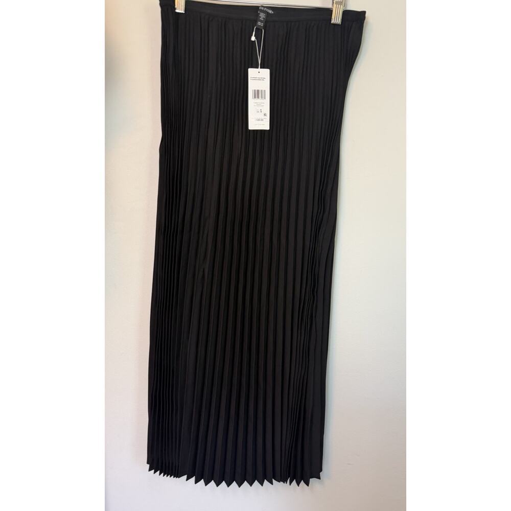 Eileen Fisher BLACK Pleated Wool Silk Blend Midi Skirt pullon Sz M NWT $328